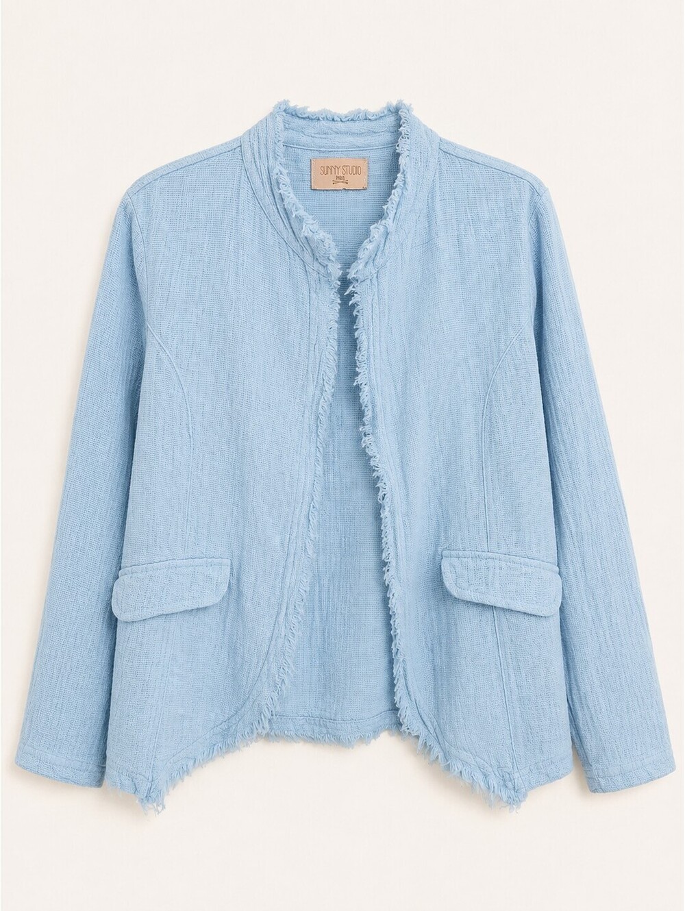 Sunny Studio Paris Blue Linen Cotton Raw Edge Open Front Jacket Made Italy